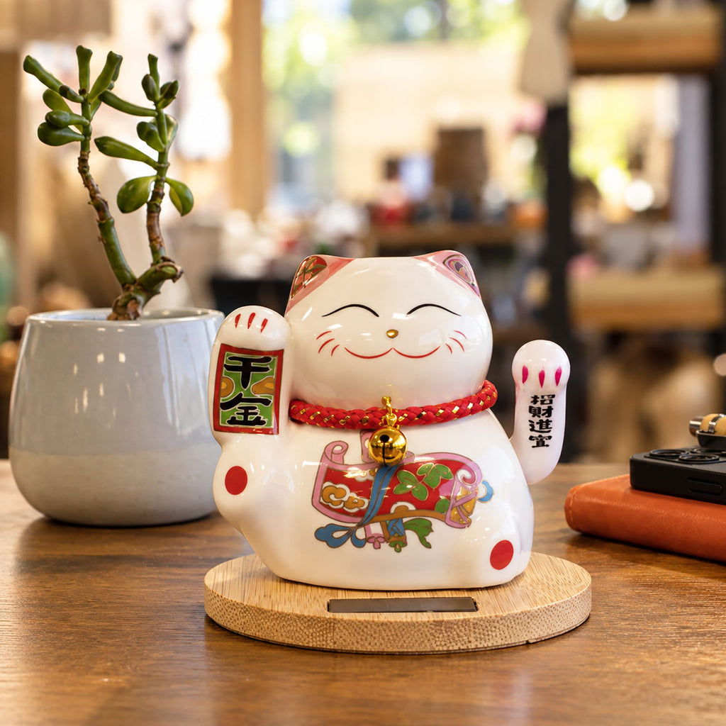 Solar Money Cat Wooden Base  - Pink moving Hand