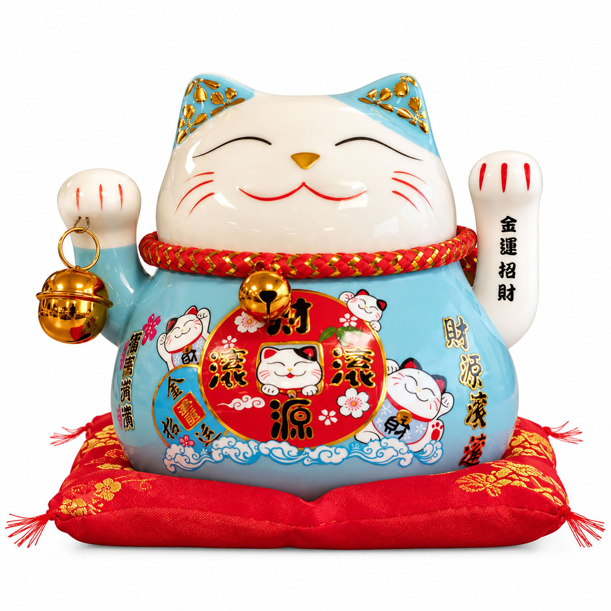 Ceramic Money Cat Moving Hand  - Blue on Cushion