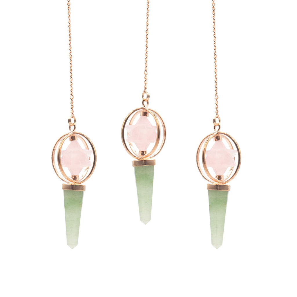 Heart Compass- Two Piece Spinning Merkaba Star in Copper Pendulum -  Rose Quartz & Green Aventurine