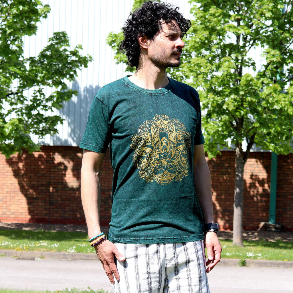 Nomad Sari Stonewashed Cotton T-Shirt â€“ Hamsa â€“ Green â€“ Small