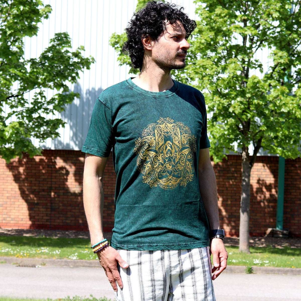 Nomad Sari Stonewashed Cotton T-Shirt â€“ Hamsa â€“ Green â€“ Small
