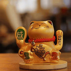Solar Money Cat Wooden Base  - Gold moving Hand