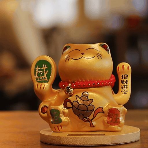 Solar Money Cat Wooden Base  - Gold moving Hand