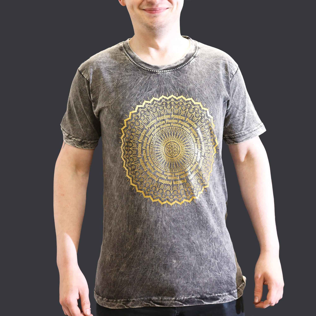 Nomad Sari Stonewashed Cotton T-Shirt â€“ Mandala â€“ Dark Grey â€“ Small
