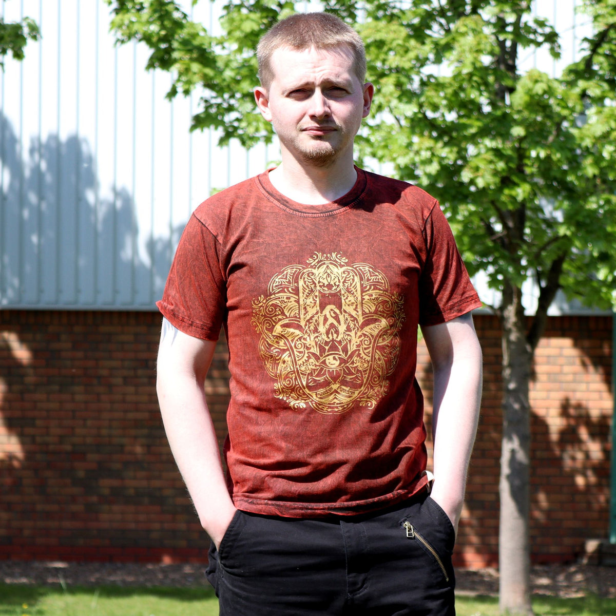 Nomad Sari Stonewashed Cotton T-Shirt â€“ Hamsa â€“ Maroon â€“ Small