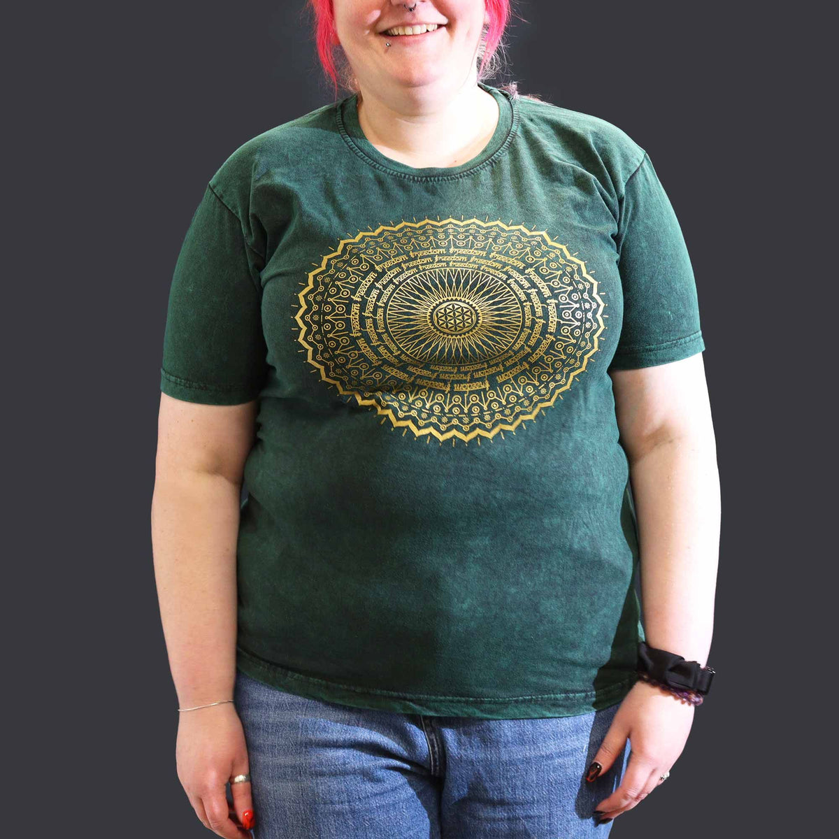 Nomad Sari Stonewashed Cotton T-Shirt â€“ Mandala â€“ Green â€“ XL
