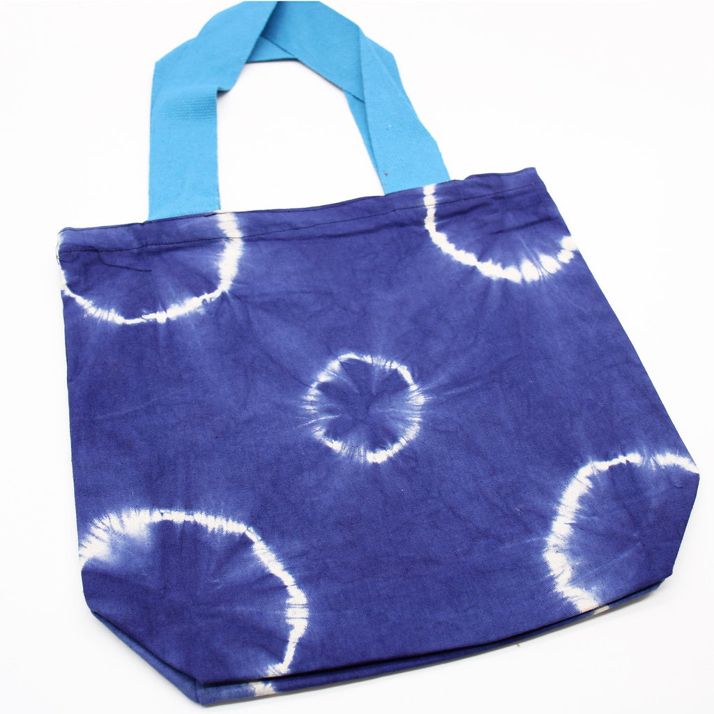 Natural Tye-Dye Cotton Bag (8oz) - 38x42x12cm - Blue Rings - Blue Handle