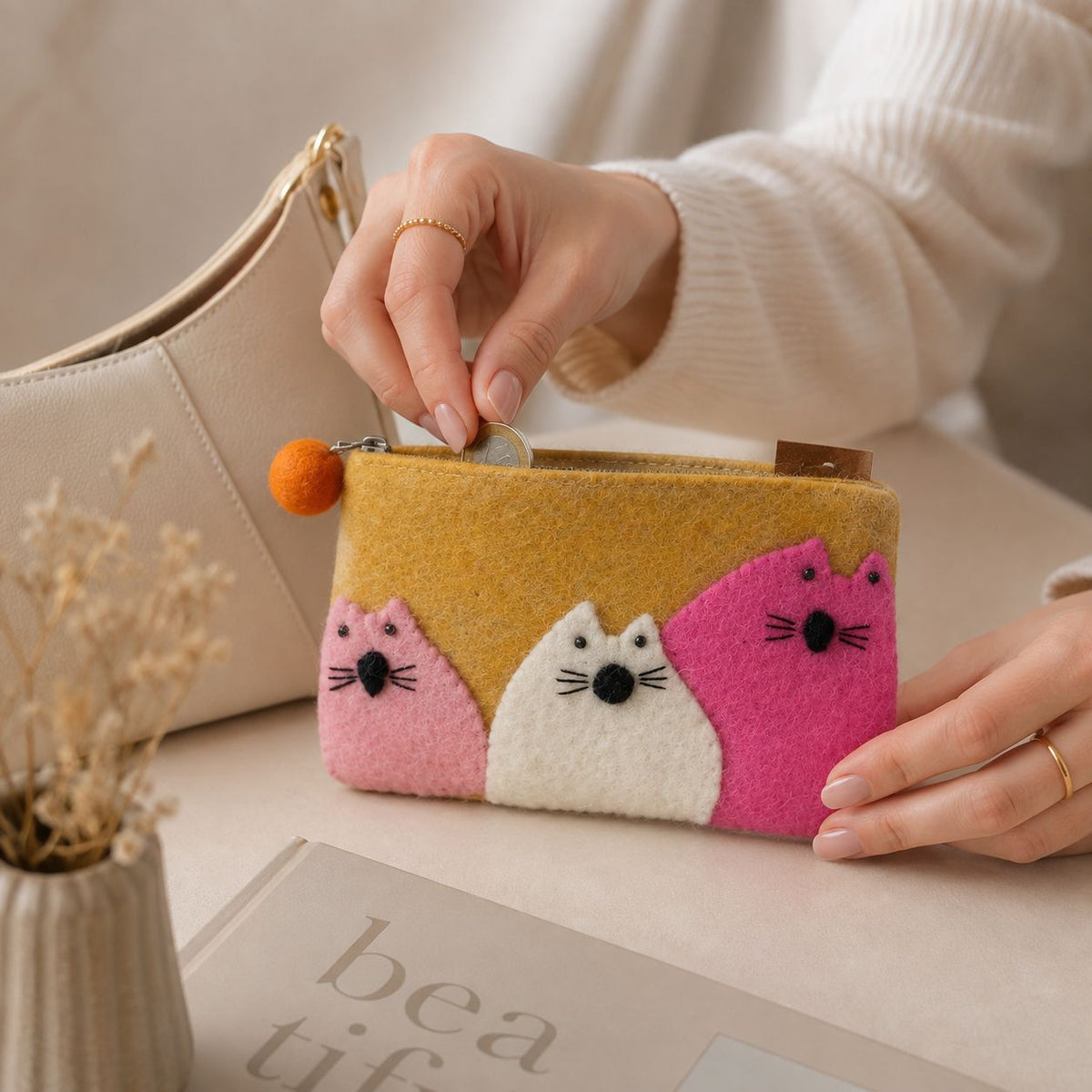 Natural Felt Zipper Pouches - Three Fat Cats