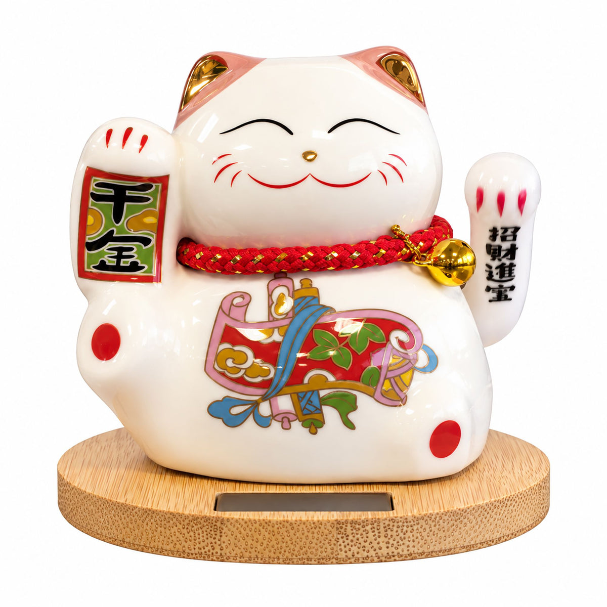 Solar Money Cat Wooden Base  - Pink moving Hand