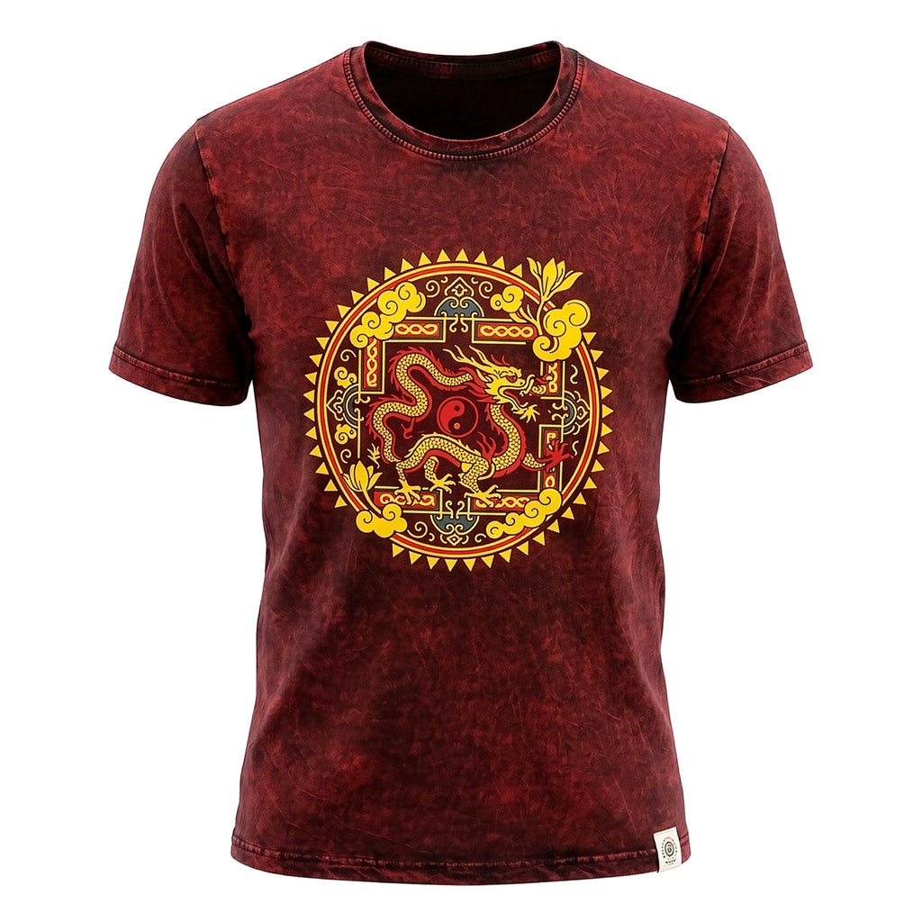 Nomad Sari Stonewashed Cotton T-Shirt - Dragon Mandala - Maroon - Large