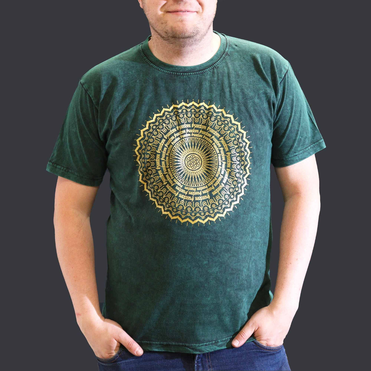Nomad Sari Stonewashed Cotton T-Shirt â€“ Mandala â€“ Green â€“ XL