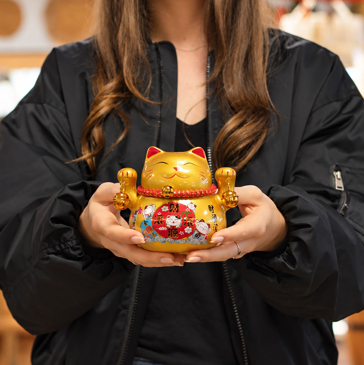 Ceramic Money Cat Bank - Gold on Cushion