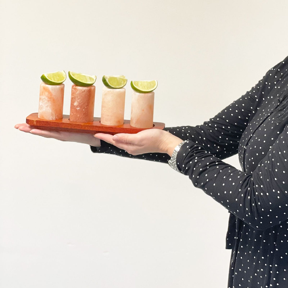 Set of 2 Himalayan Salt Shot Glasses & Wood Serving Stand - Trays | Hearth & Amble