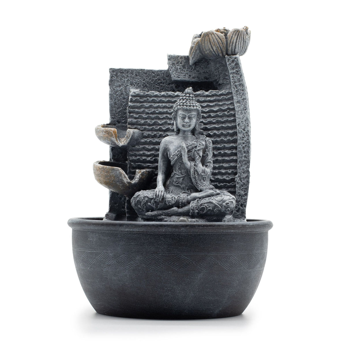 Tabletop Water Feature - 19x19x28cm - Buddha, Lotus Flower Cascading Potsx