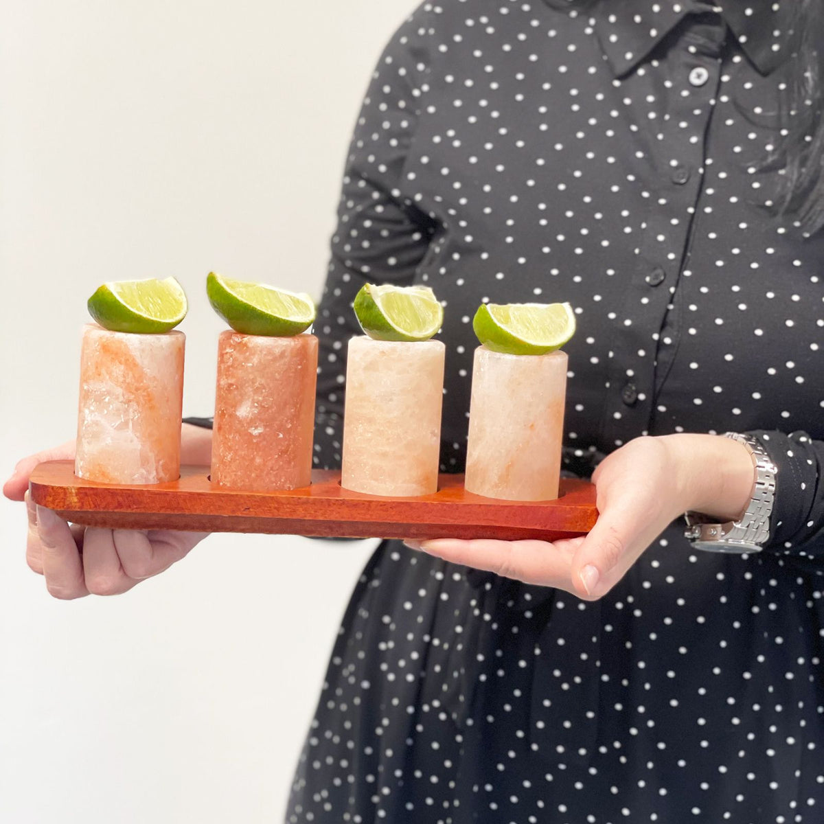 Set of 2 Himalayan Salt Shot Glasses & Wood Serving Stand - Trays | Hearth & Amble