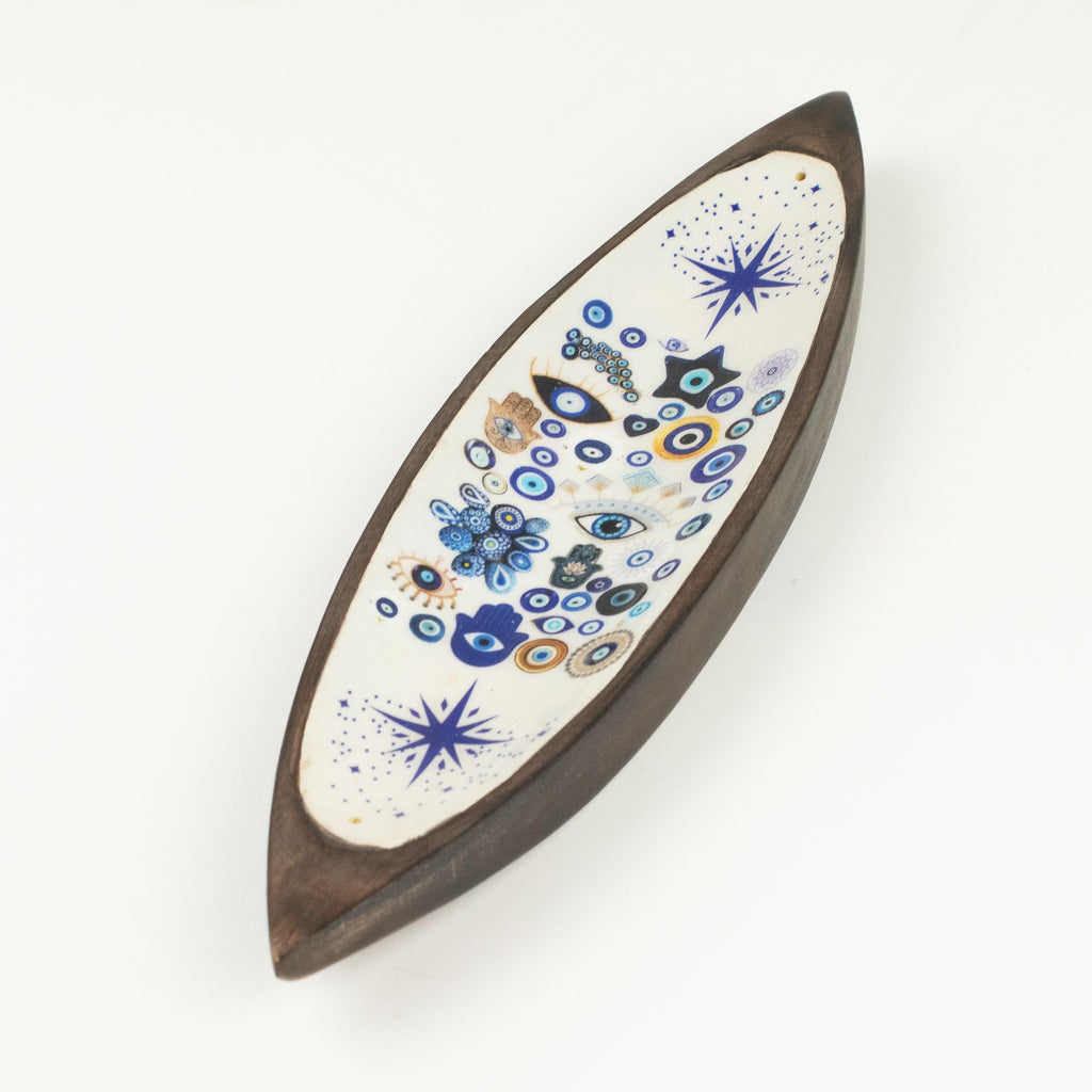 Enamel Incense Bowl - Mango Wood - Evil Eye