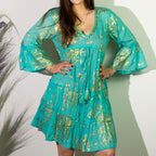 Nomad Sari Turquoise & Gold Coral Print Dress (M/L)