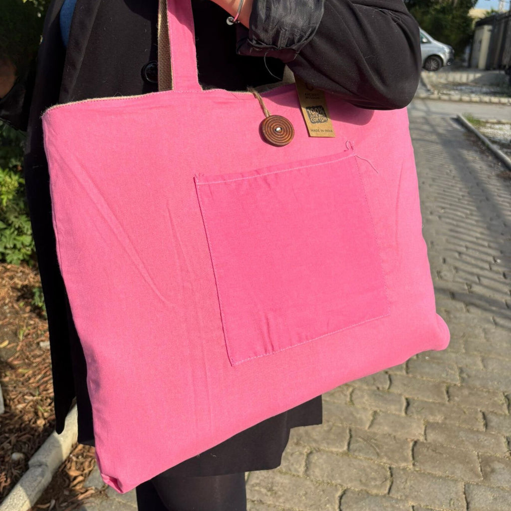Jute & Cotton Reversible Big Bag - Pink